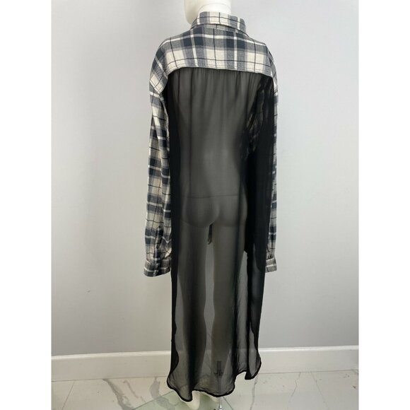 Furst of a Kind Womens Hi Low Long Sheer Back Plaid Button Up Shirt Oversize OS - Picture 4 of 12